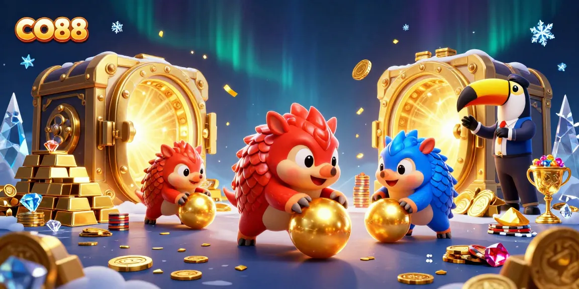 Experience exciting CO88 gaming with rival pangolins rolling casino chips and treasure in 3D!