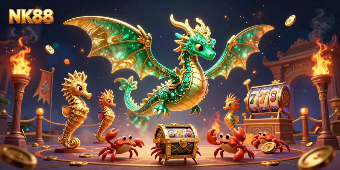 Engage with NK88's thrilling slot games, featuring a vibrant scene of a sea dragon and treasures.