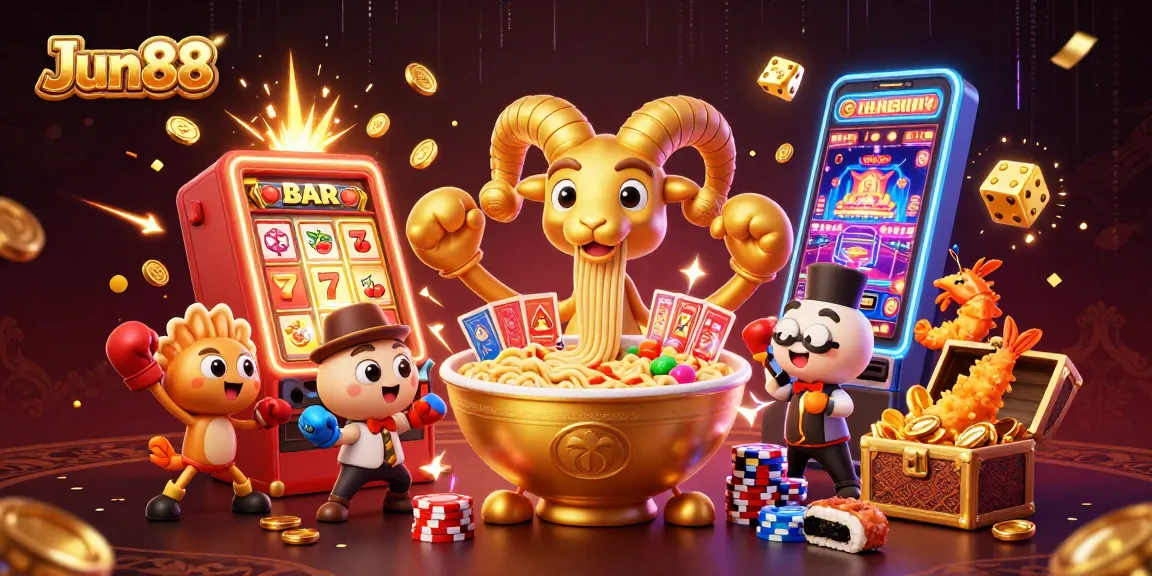 Experience exciting gameplay at Jun88 with a vibrant 3D illustrated casino adventure featuring colorful characters and dynamic elements.
