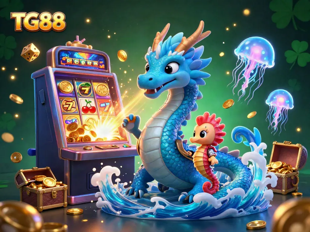 Experience the excitement at TG88, featuring dynamic characters and vibrant casino elements in a dazzling scene.