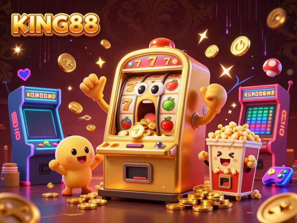 Experience jackpot thrills with KING88 as golden coins pour from a cartoon slot machine