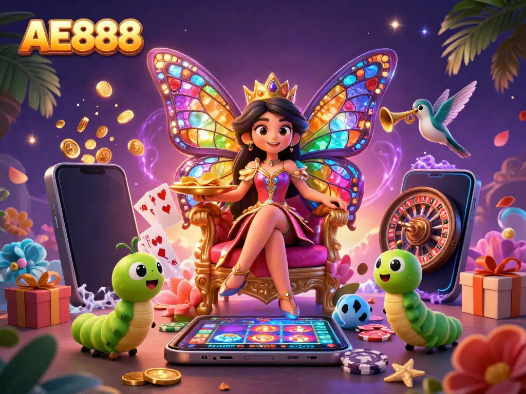 Experience the excitement of AE888 Casino with a magical 3D scene of games and vibrant characters.
