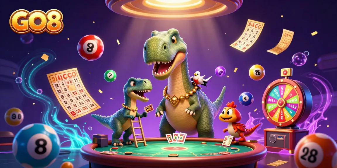 Bettors engage in dynamic gaming with GO8's casino-themed illustration including a vibrant T-Rex dealer.
