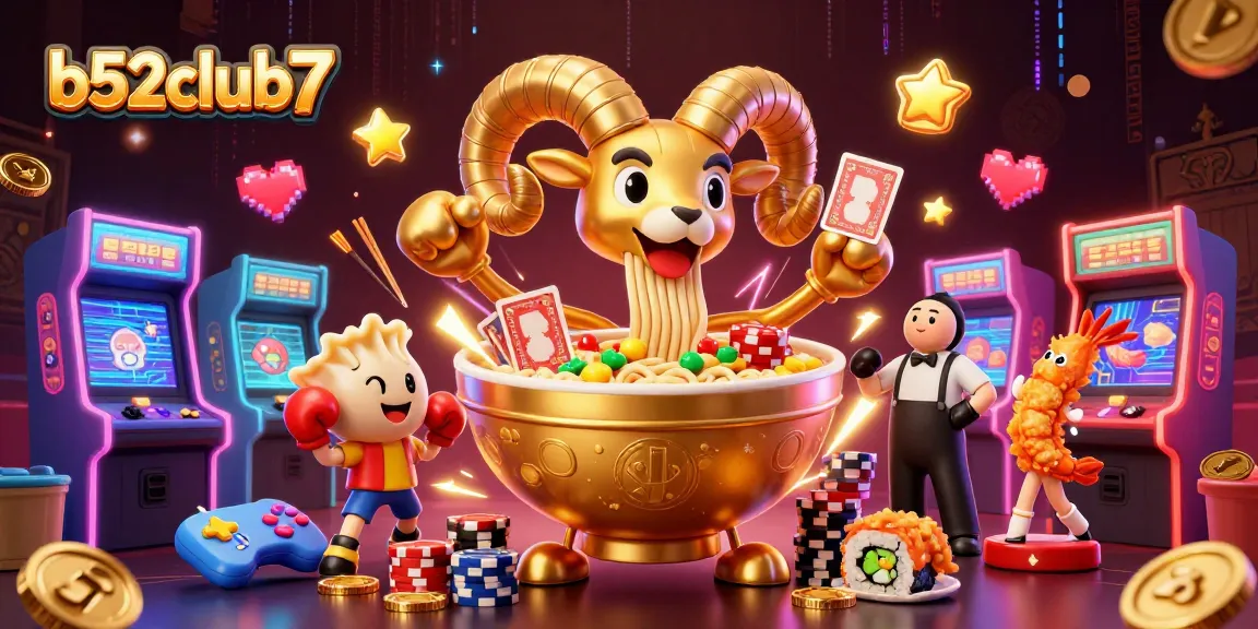 Engage with b52club7 as a giant golden ramen bowl dealing cards alongside casino-themed characters in a vibrant 3D illustration.