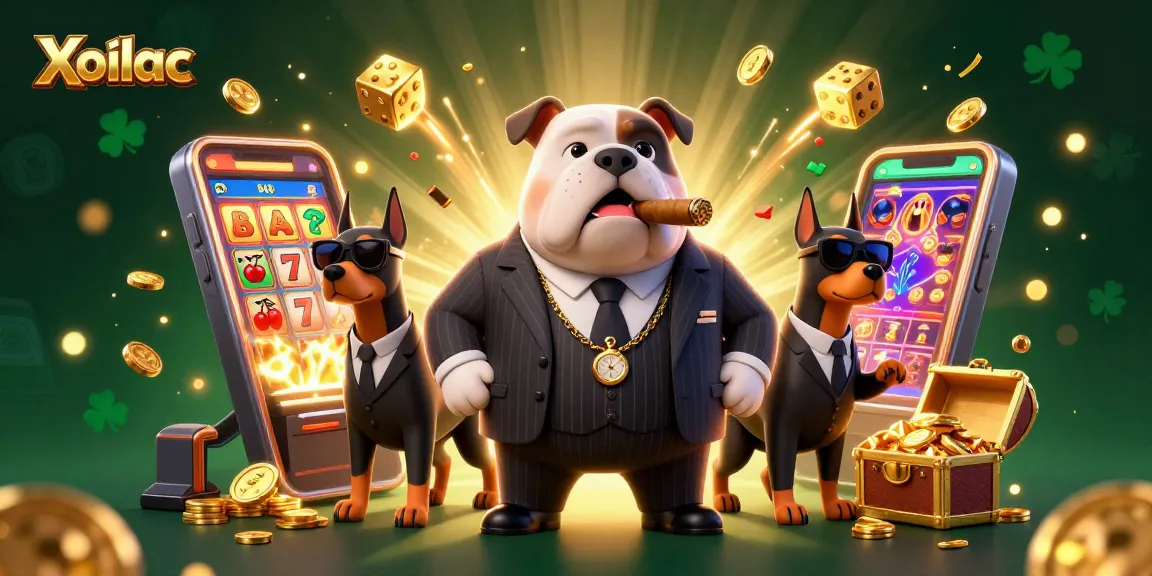 Xoilac showcases a dynamic casino scene with a mafia bulldog and bodyguards among gambling elements.