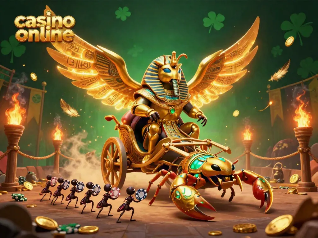 Experience vibrant casino online thrills with this dynamic illustrated scene featuring a golden scarab beetle.