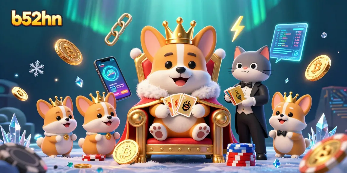 Experience the vibrant gaming world of b52hn with a royal corgi on a poker chip throne.