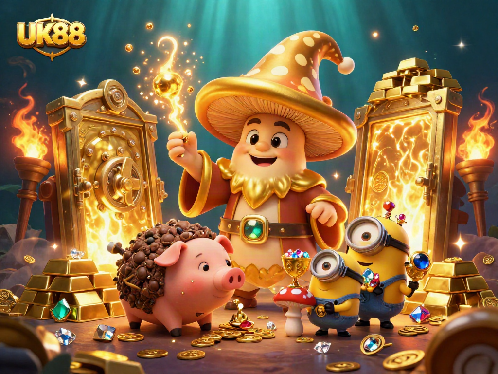 Engage in thrilling UK88 gameplay as golden elements and vibrant treasures illuminate a magical casino scene.