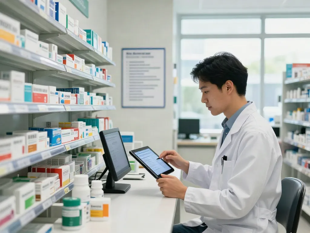 Pharmacist efficiently using a tablet to lookup Farmaco uae registered medicines in a bright pharmacy.