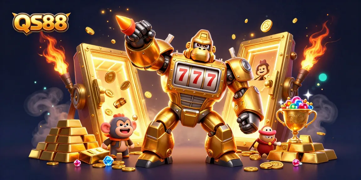Experience the excitement of QS88 slots with a golden gorilla mech bursting coins in a casino adventure.