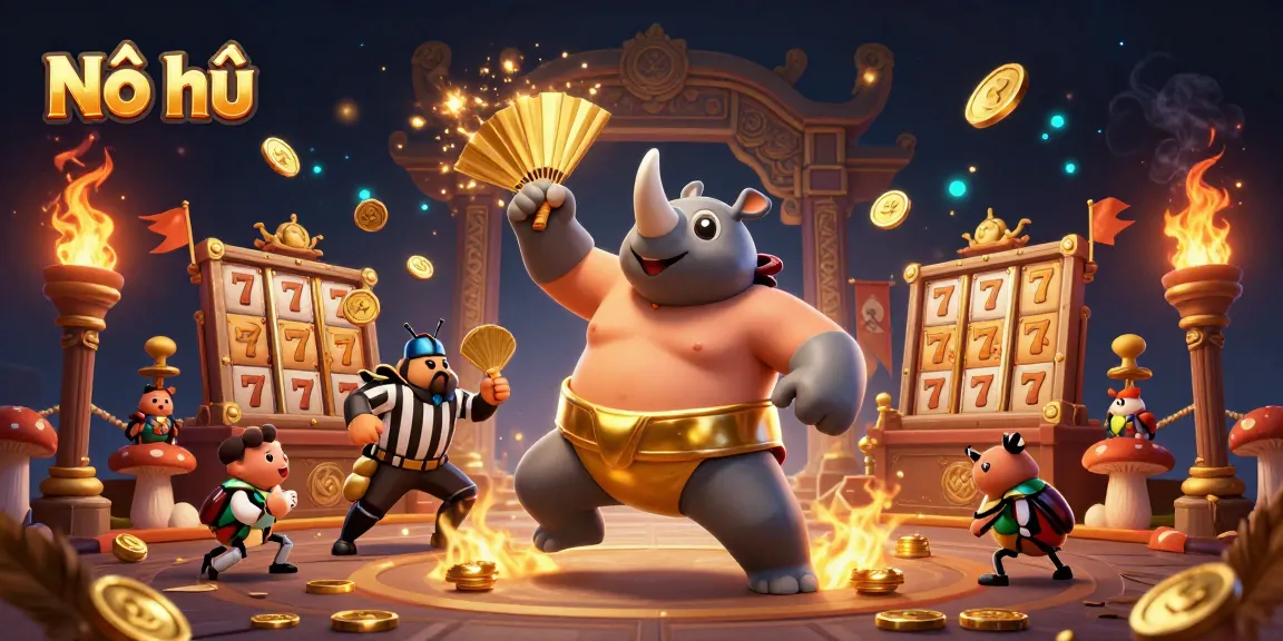 Nổ hũ exciting scene illustrating a beetle sumo champion amidst dynamic slot game elements and golden coins.