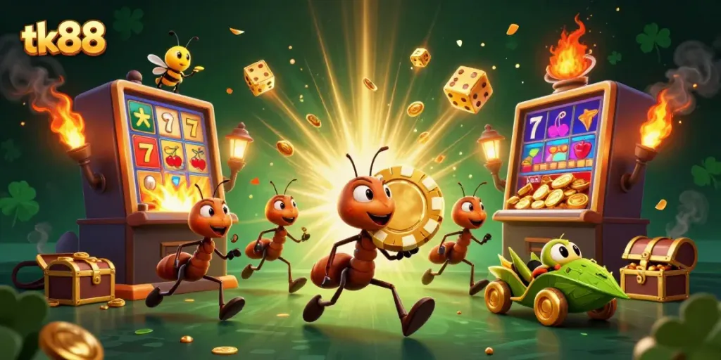 Engage with tk88 as ants heist a giant poker chip amidst a vibrant casino scene full of excitement.