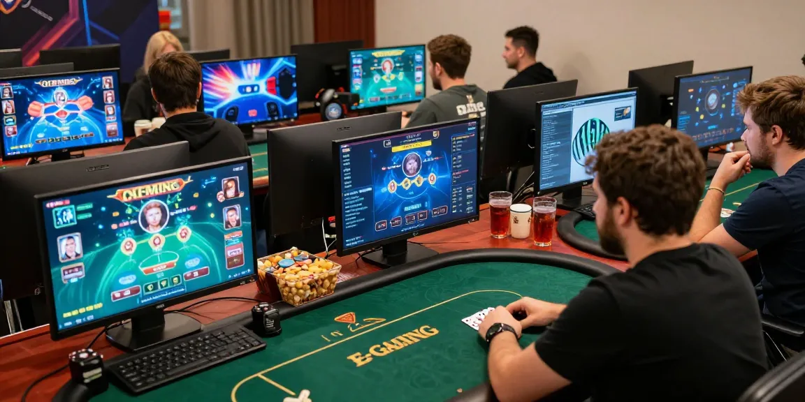 Intense players enjoying a game of poker online, showcasing Daftar Domino8 in a vibrant e-gaming environment.