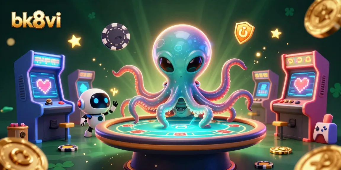 Experience vibrant gaming excitement at bk8vi with an alien octopus dealer surrounded by holographic poker elements.