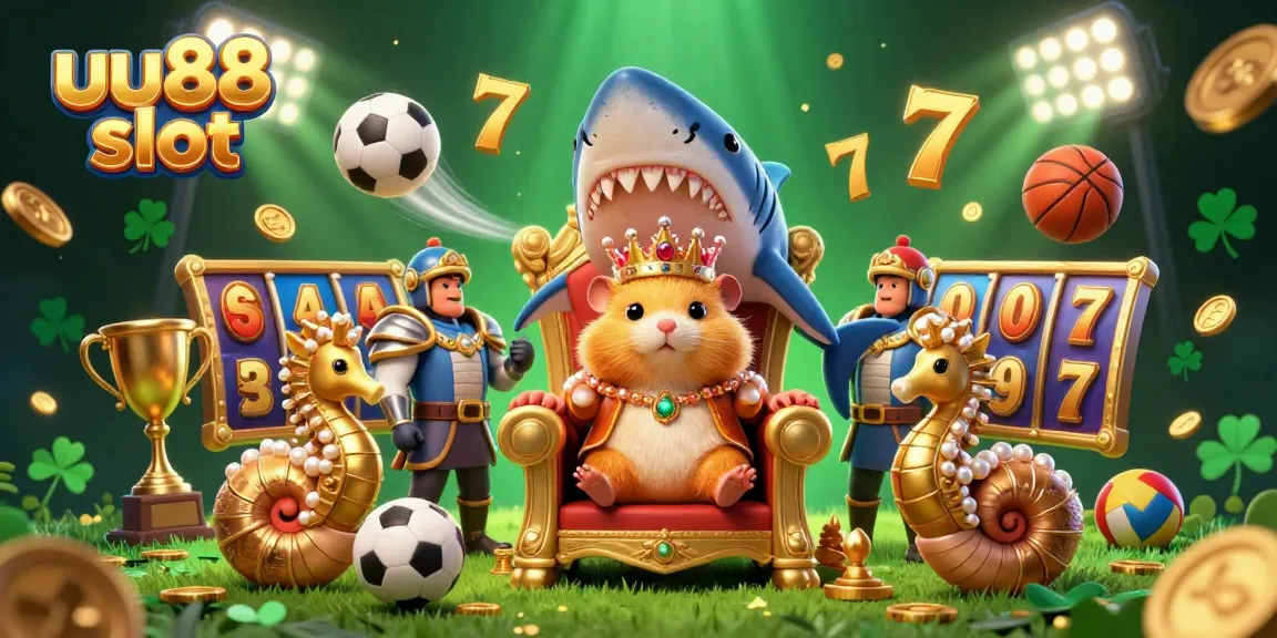 Engage with high-octane fun in uu88 slot, featuring a dynamic 3D cartoon scene of a hamster king and gaming elements.