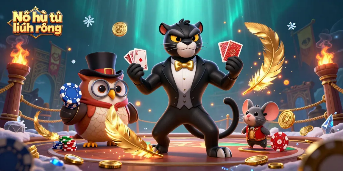Nổ hũ thủ lĩnh rồng with a stylish black panther dealer, a whimsical owl with poker chips, and a lucky mouse in a vibrant casino scene.