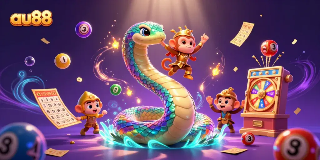 Experience the magical world of au88 with a playful monkey king and a shimmering rainbow serpent in a vibrant casino scene.