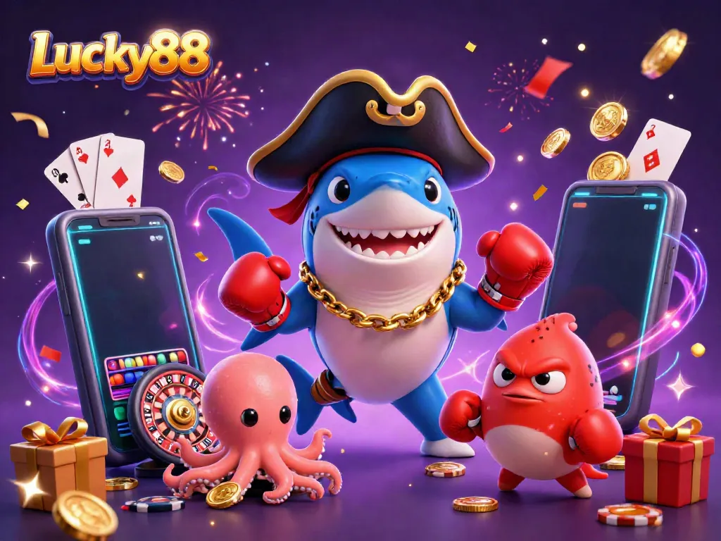 Experience the vibrant Lucky88 scene as the cartoon shark, pufferfish, and octopus celebrate winning at slots with colorful casino elements.