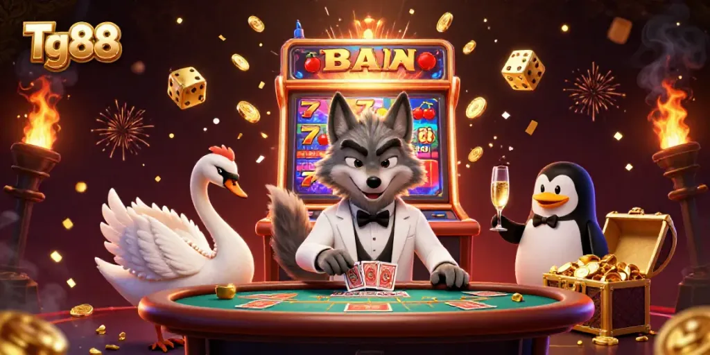 Experience Tg88 online gaming with a 3D animated casino scene featuring a wolf, swan, and penguin.