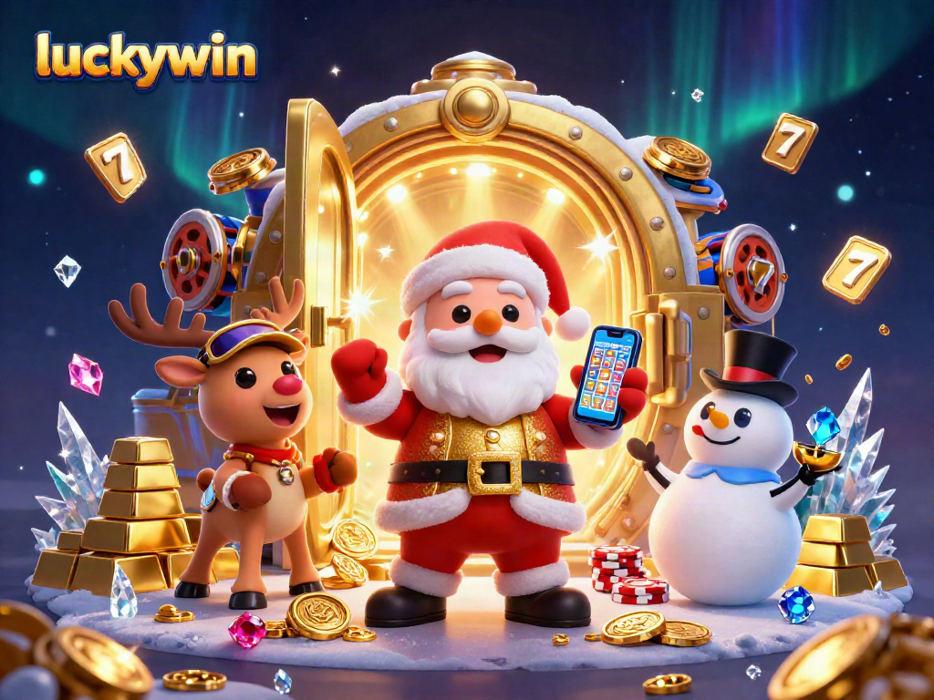 Experience the excitement of luckywin casino with Santa, a reindeer dealer, and a poker chip snowman!