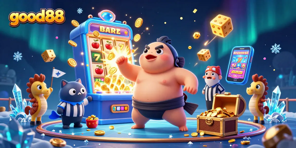 Experience good88's vibrant casino world with a lively underwater scene featuring a fugu, catfish referee, and exciting game elements.
