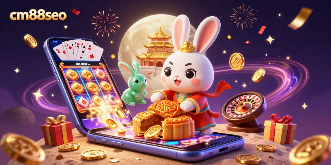 Engage in thrilling casino gaming with cm88seo's vibrant illustration of a moon rabbit cracking open mooncakes for poker chips.