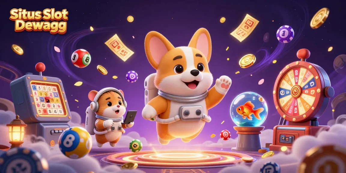 Situs Slot Gacor Dewagg showcases a playful scene with a corgi astronaut, hamster, and goldfish in a casino.