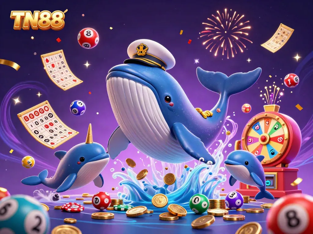 Win big with TN88: a whimsical casino sea scene featuring a whale, narwhal, and dolphins.