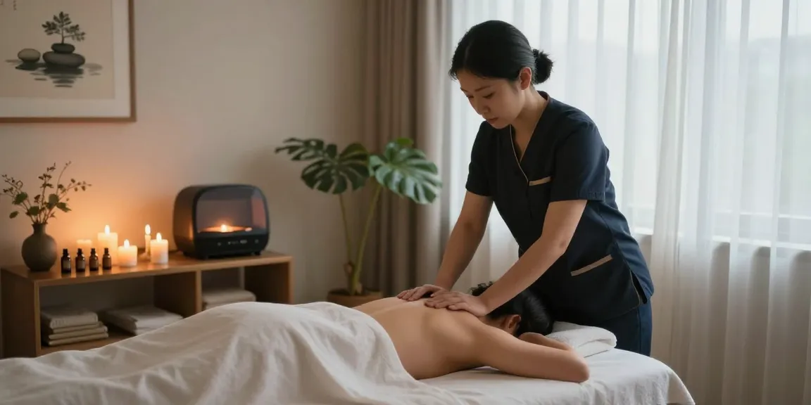Relaxation moment during 의정부출장마사지 in a calming massage room with essential oils and soothing ambiance