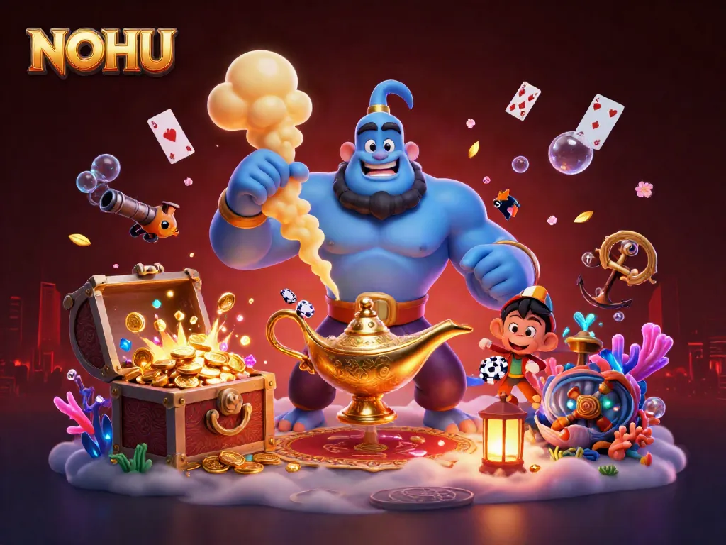 Experience the excitement of NOHU with a dynamic casino illustration featuring a genie and poker elements.