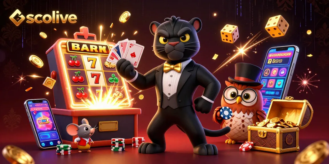 Socolive features a panther dealer, owl with poker chips, and mouse in vibrant casino scene.