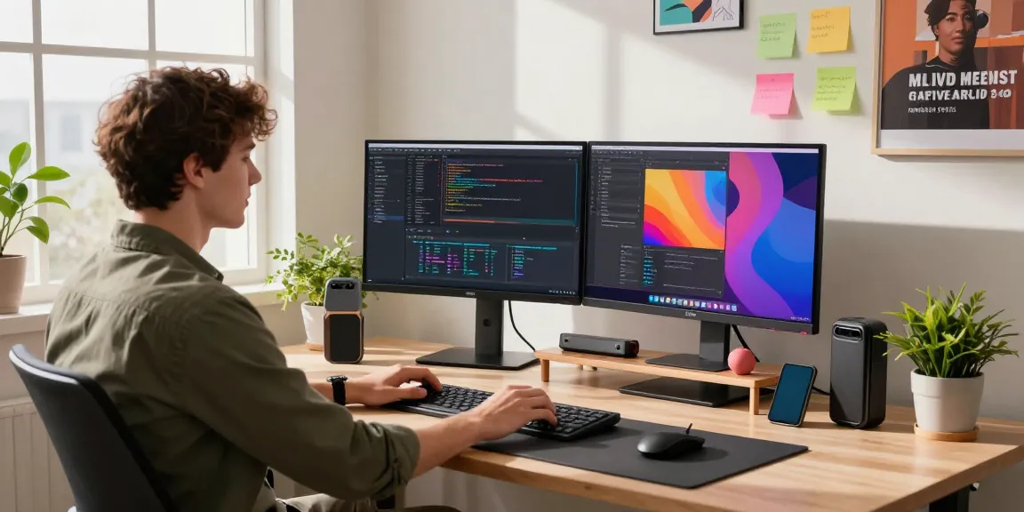Professional using the M5 MacBook in a modern workspace with vibrant coding projects on dual monitors.