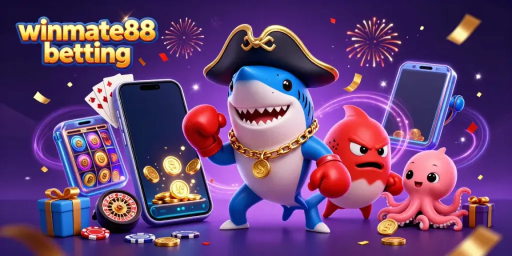Exciting winmate88 betting scene featuring a pirate shark, pufferfish, and octopus with casino elements.