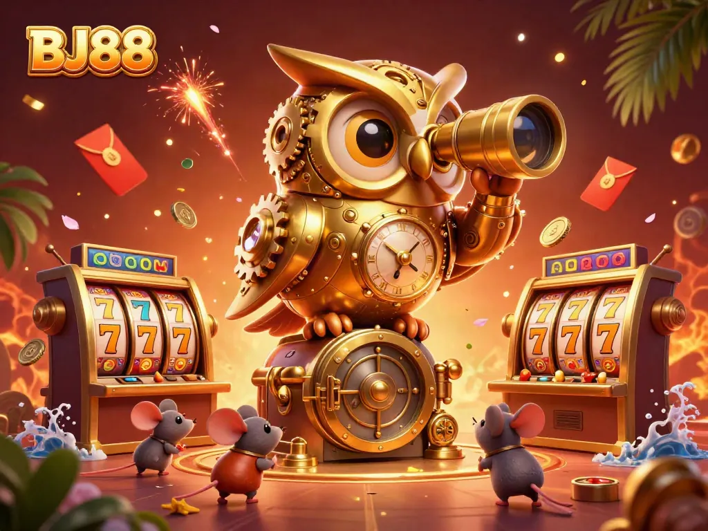 BJ88 showcases an energetic scene of a golden owl scanning a vibrant casino floor amidst slot reels and lucky symbols.