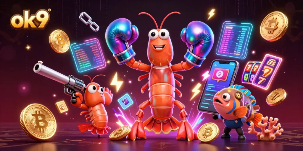 Engage with ok9 in the vibrant casino world featuring energetic characters and casino elements.
