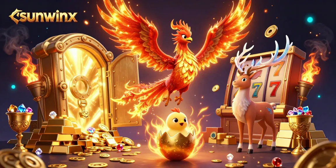 Experience sunwinx with a vibrant illustration of a phoenix and treasures in an Asian-inspired casino.