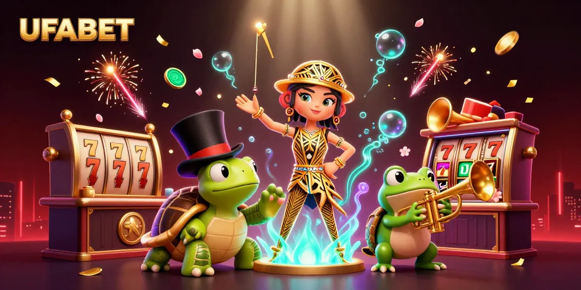 Engage in thrilling wins at UFABET with vibrant 3D characters and casino elements in a dynamic scene.