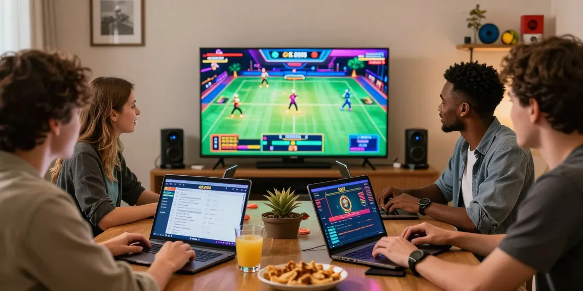 Friends engaging on OK 8386 betting platform in a lively home setting, showcasing online gambling.
