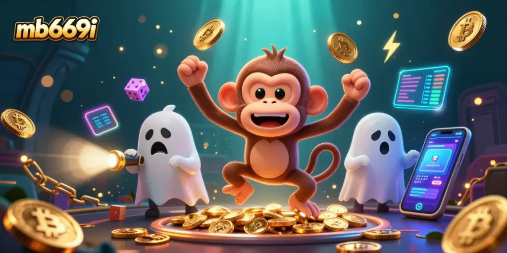 Engage with mb669i's thrilling casino atmosphere, featuring a comedic ghostly monkey and curious puppy.