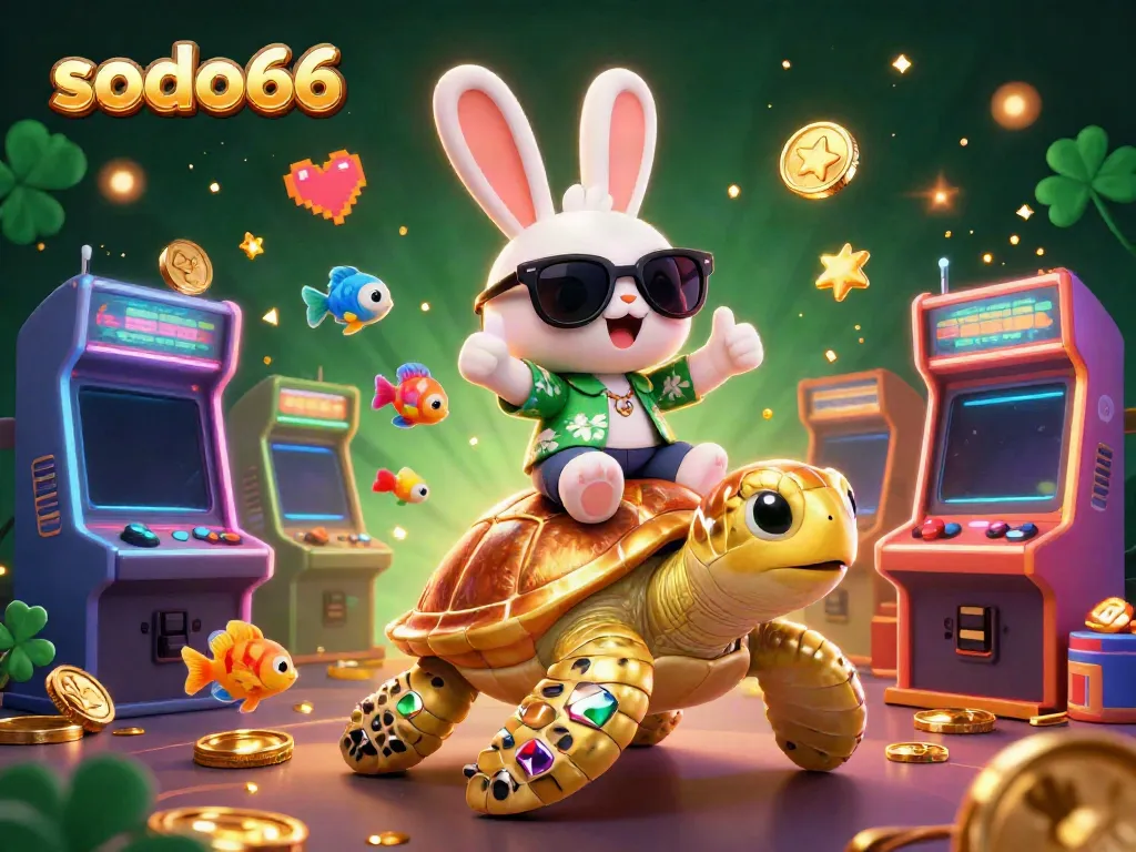 Experience the vibrant fun of SODO66 with an enchanting lucky rabbit and golden sea turtle in a lively gaming scene.