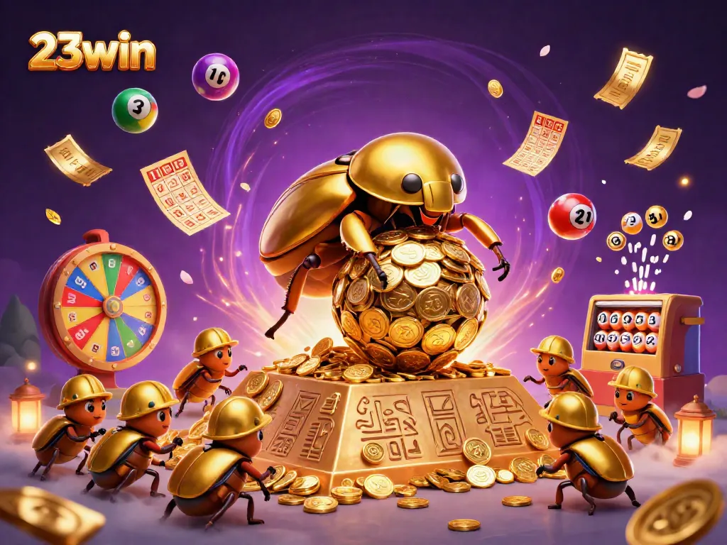 Engage with 23win's exciting lottery scene featuring colorful balls and dynamic casino elements.