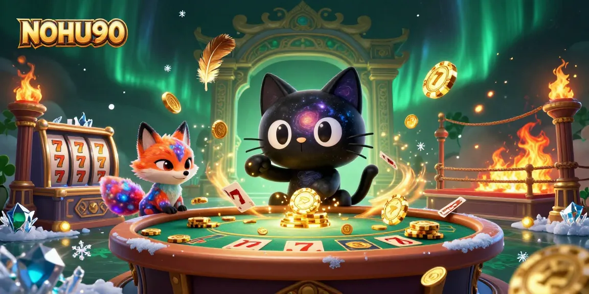 Engage with NOHU90's vibrant cosmic casino scene, where a black hole cat draws in golden chips and cards.