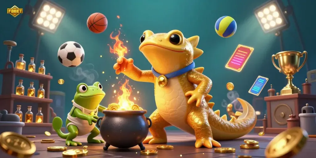 Experience thrilling gameplay at F8BET with a dynamic scene of golden alchemy and sports elements.