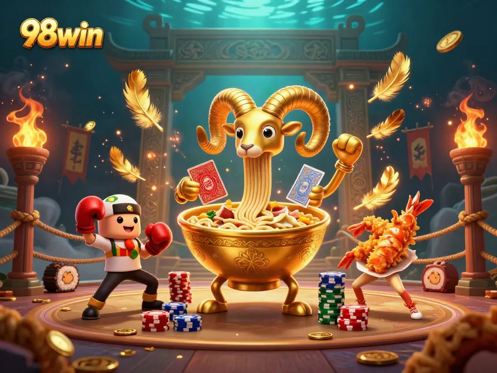 Experience the energy of 98win with dynamic casino-themed elements and characters.
