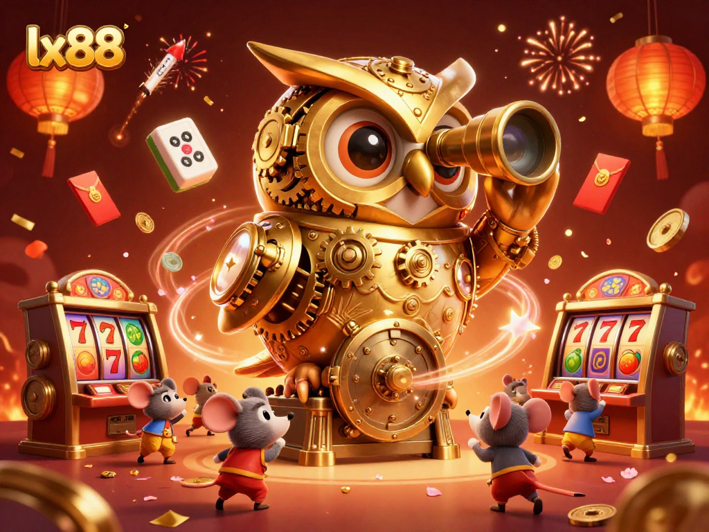 Engage with lx88's dynamic casino scene featuring golden owl, slot machines, and festive elements.