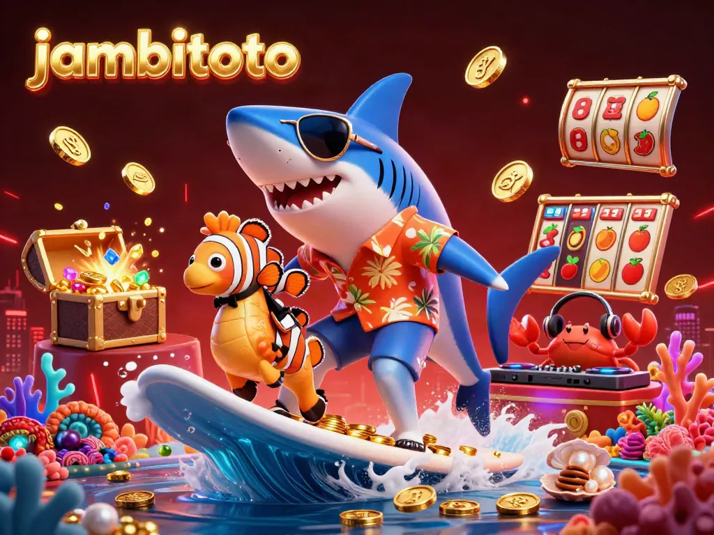 Experience thrilling jackpots at jambitoto with a shark surfing on coins amid colorful gaming elements.