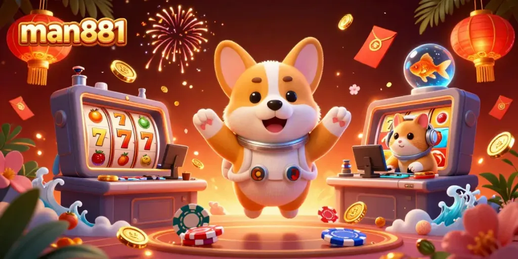 Engage in thrilling casino fun with man881 in an extraordinary cosmic scene featuring corgi astronauts and slot reels!
