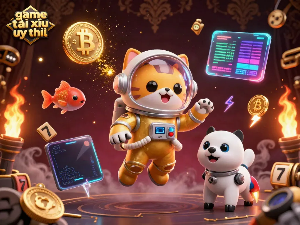 Engage in the thrilling game tài xỉu uy tín with a vibrant cosmic illustration of a space cat and robot dog among dazzling digital casino elements.