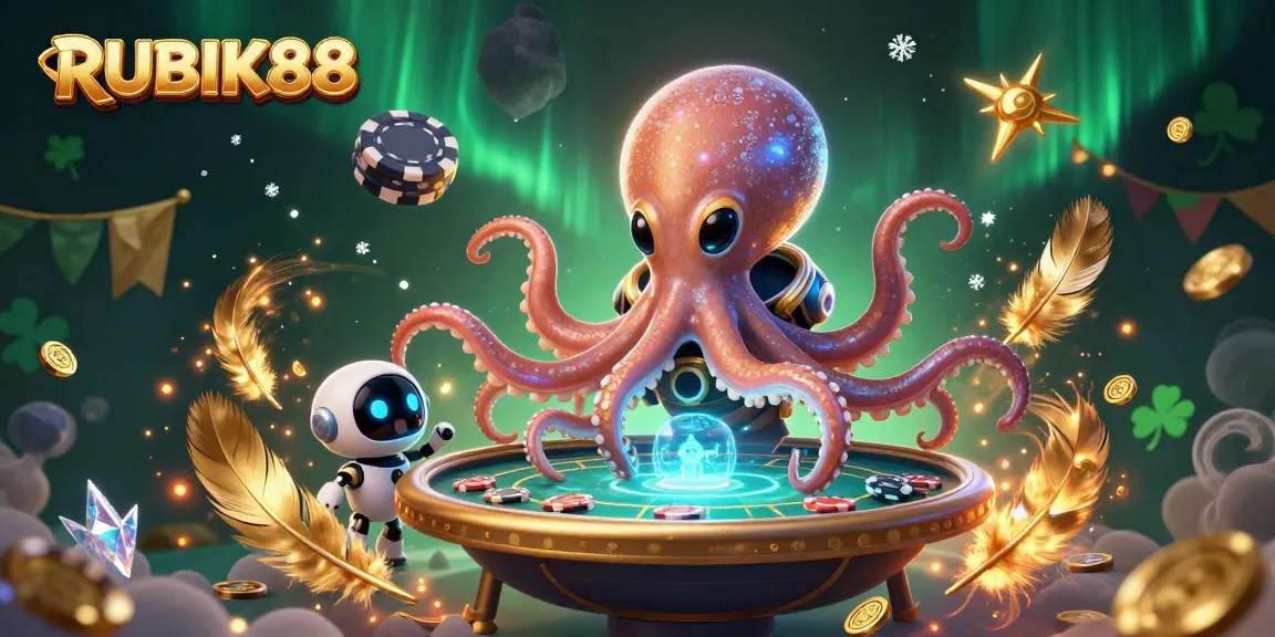 Experience exciting gambling with RUBIK88 in a vibrant 3D casino scene featuring alien characters.