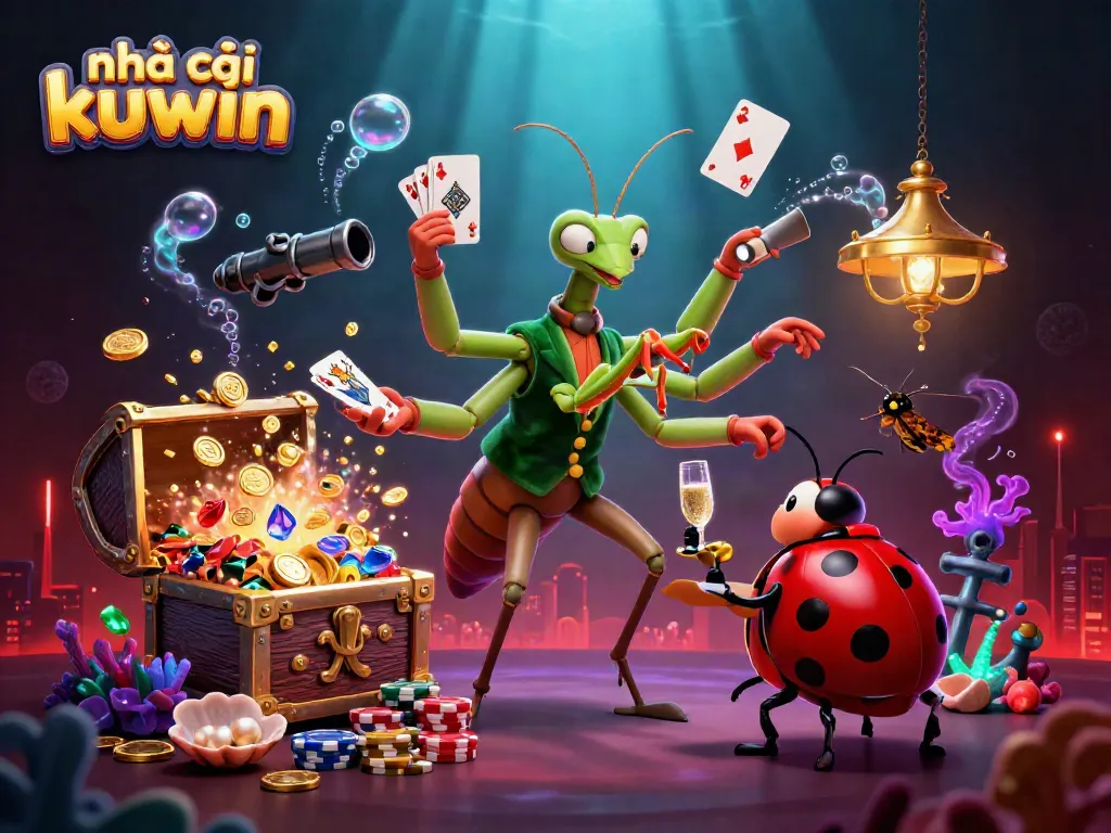 Experience the excitement of nhà cái kuwin with a whimsical 3D casino scene filled with vibrant characters and treasure.